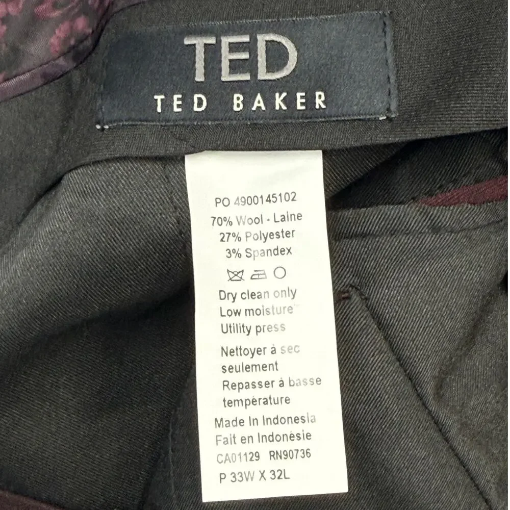 Ted Baker Men's Modern-Fit Stretch Wool-Blend suit pants Red 33x32 $200